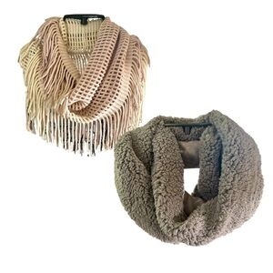 2 NWOT, INFINITY SCARVES. MASSINI, CREAM & SOFT LAVENDER SCARF WITH FRINGE.